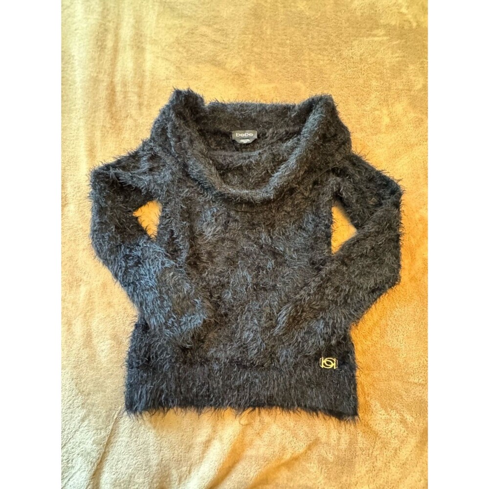 bebe Black Fuzzy Cowl Sweater size XS